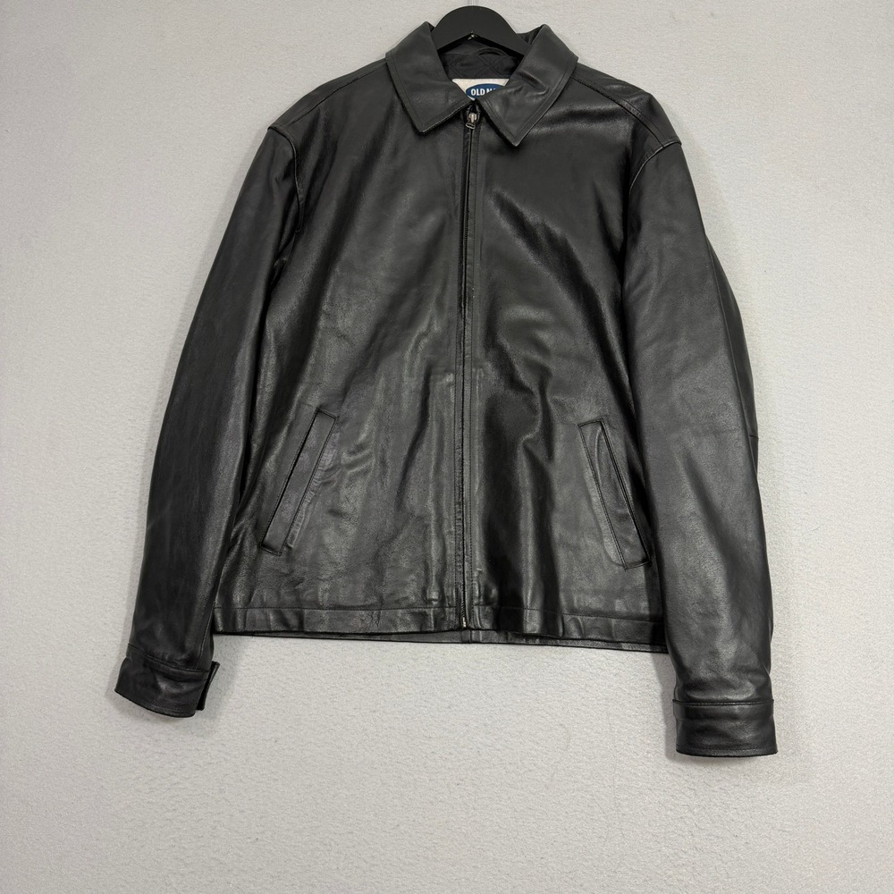 Vintage Old Navy Leather Jacket Large Black Full Zip Quilted Lining y2k Biker